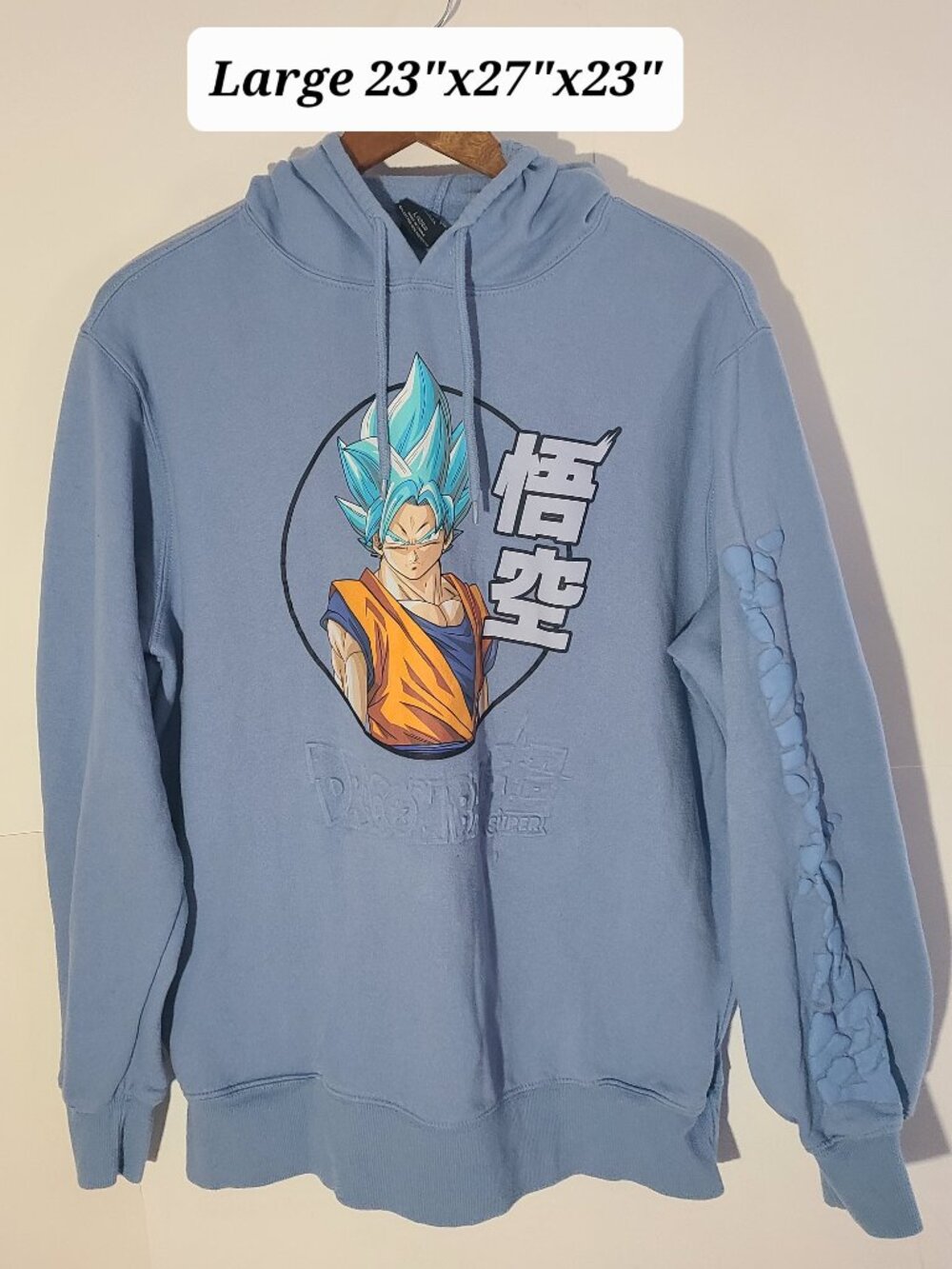 Dragon Ball Super Goku Powder Blue Large Hoodie Puff Print Left Sleeve